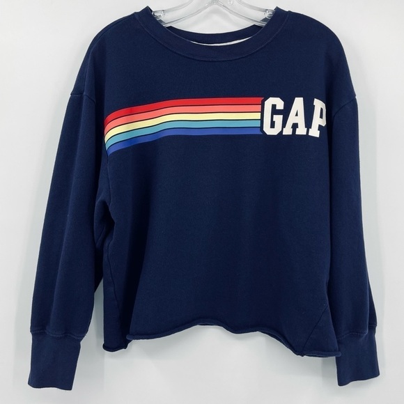 Gap Cropped Rainbow Striped Navy Sweatshirt - Picture 3 of 7